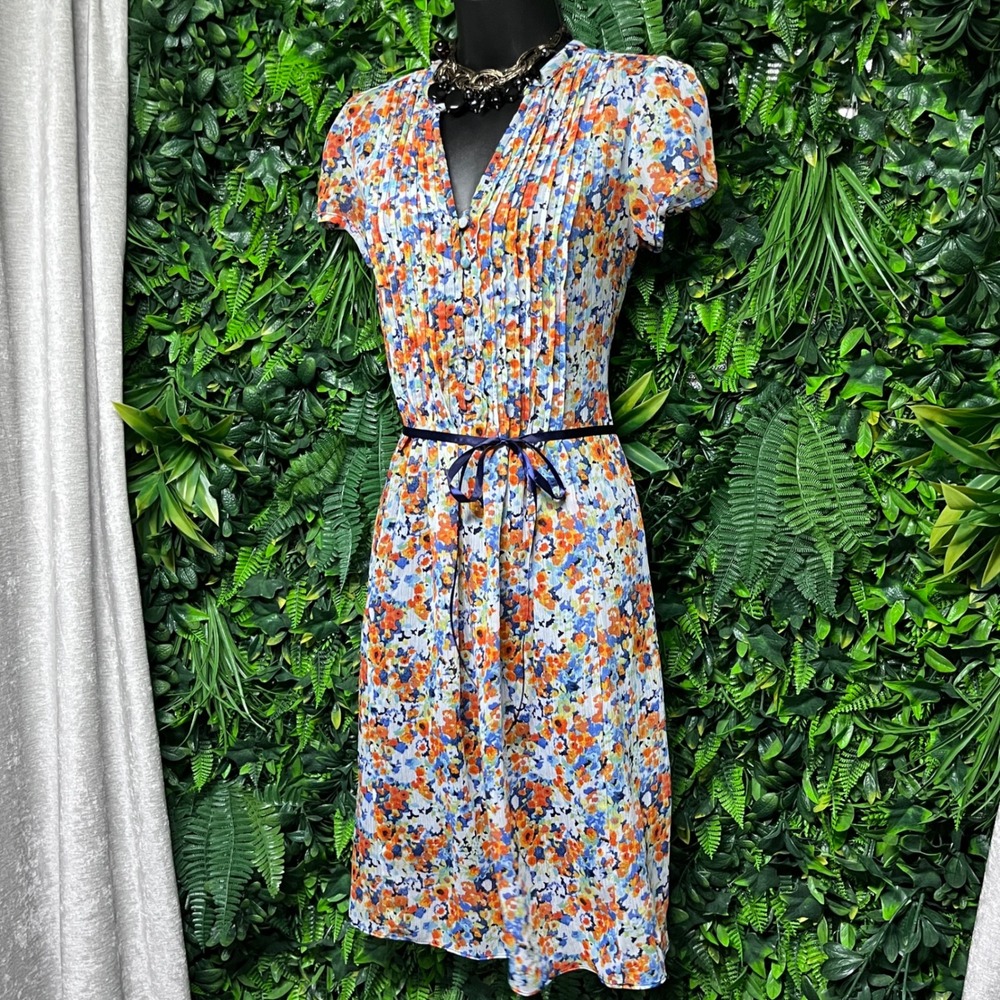 MSK Dress Size 6 Floral Print Blue Orange Pleated Midi with Tie Belt 3016‎ - Picture 2 of 9